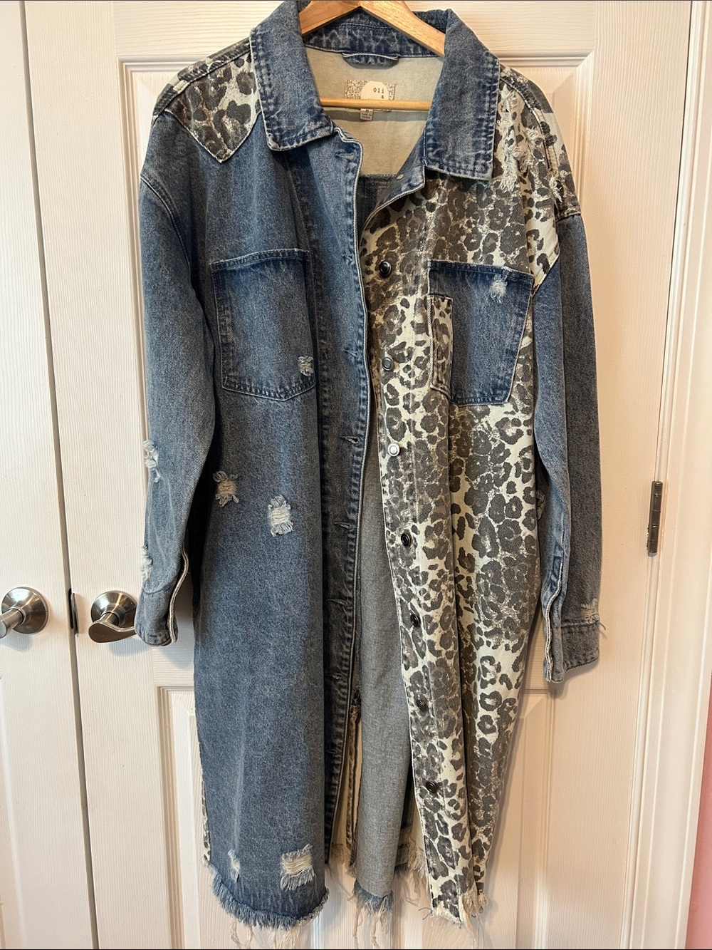 Oli & Hali Oversized Blue Denim Long Jacket with Leopard Panels